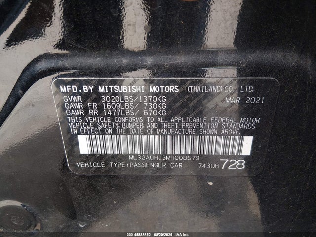 2021 Mitsubishi Mirage Carbonite Edition/es/le მანქანა იყიდება აუქციონზე, vin: ML32AUHJ3MH008579, აუქციონის ნომერი: 45888852