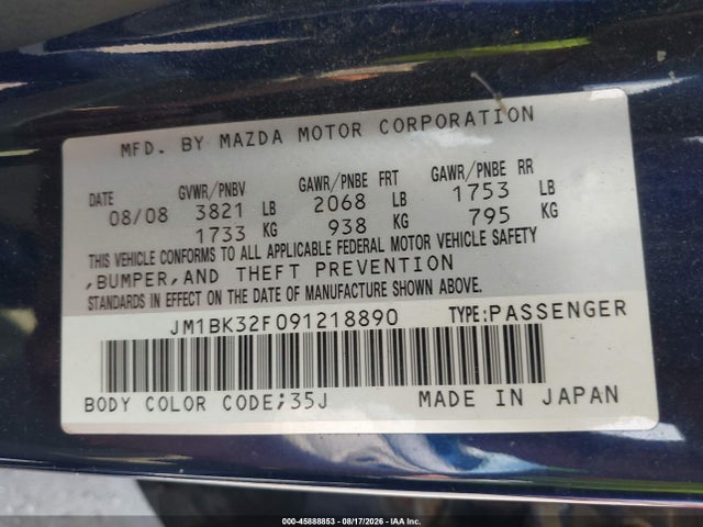 Aukcja sprzedaży 2009 Mazda Mazda3 I, vin: JM1BK32F091218890, numer aukcji: 45888853