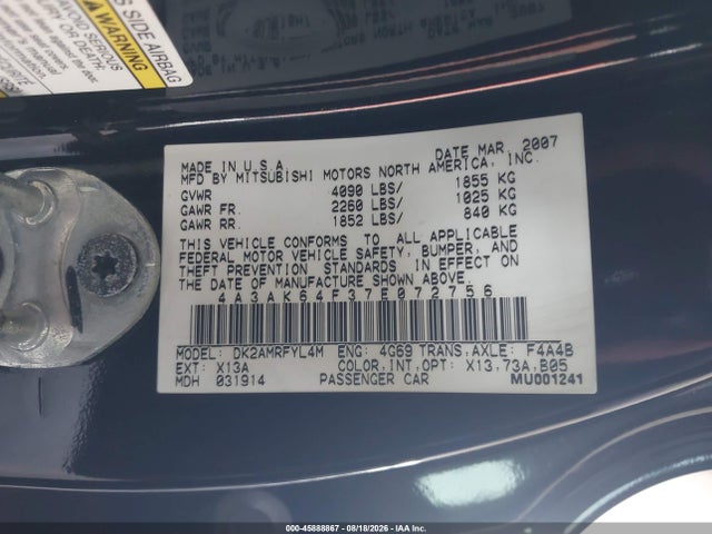 Aukcja sprzedaży 2007 Mitsubishi Eclipse Se, vin: 4A3AK64F37E072756, numer aukcji: 45888867