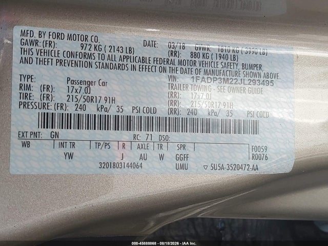 Auction sale of the 2018 Ford Focus Sel, vin: 1FADP3M22JL293495, lot number: 45888868