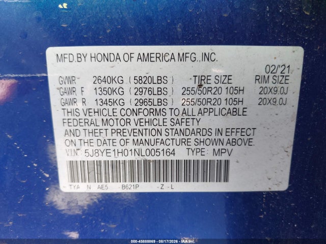 2022 Acura Mdx A-spec Package მანქანა იყიდება აუქციონზე, vin: 5J8YE1H01NL005164, აუქციონის ნომერი: 45888869