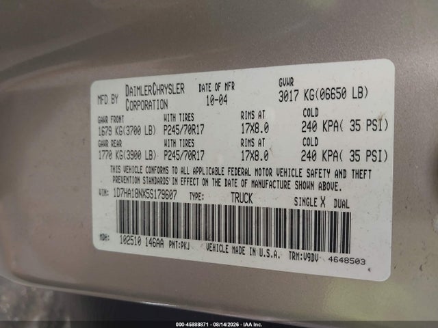 Aukcja sprzedaży 2005 Dodge Ram 1500 Slt/laramie, vin: 1D7HA18NX5S179607, numer aukcji: 45888871