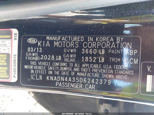45888880 :رقم المزاد ، KNADN4A35D6242379 vin ، 2013 Kia Rio Ex مزاد بيع