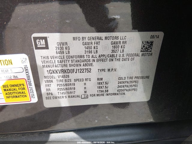 45888891 :رقم المزاد ، 1GKKVRKD0FJ122752 vin ، 2015 Gmc Acadia Slt مزاد بيع