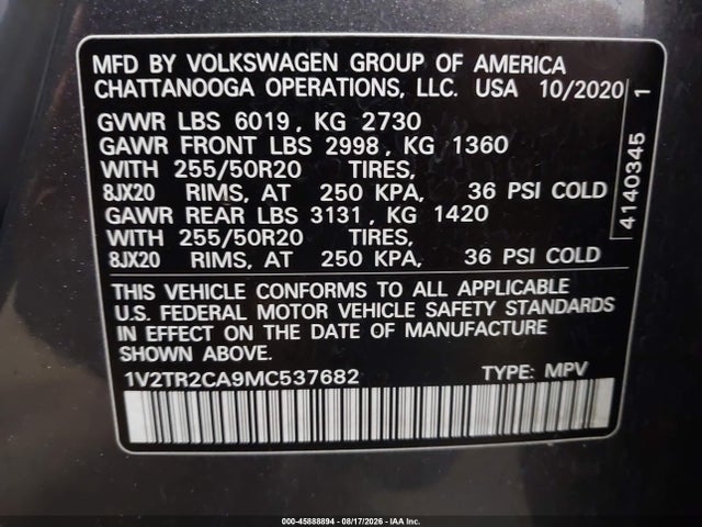 45888894 :رقم المزاد ، 1V2TR2CA9MC537682 vin ، 2021 Volkswagen Atlas 3.6l V6 Sel Premium مزاد بيع