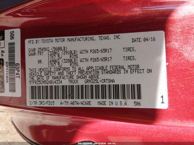 5TFRZ5CN5GX014334 Toyota Tacoma Trd Sport