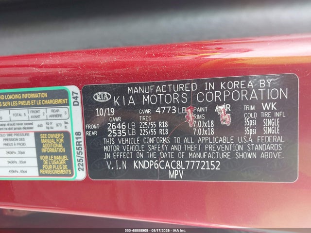 Aukcja sprzedaży 2020 Kia Sportage S, vin: KNDP6CAC8L7772152, numer aukcji: 45888909