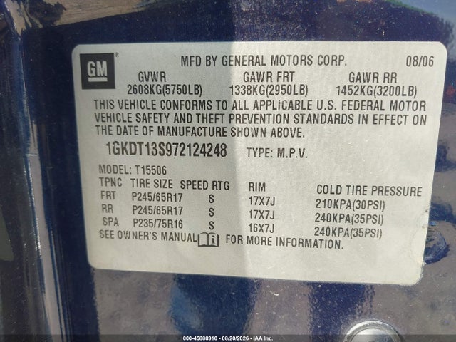 Продажа на аукционе авто 2007 Gmc Envoy Sle Commercial, vin: 1GKDT13S972124248, номер лота: 45888910