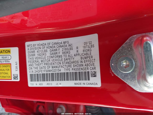 Продажа на аукционе авто 2022 Honda Civic Touring, vin: 2HGFE1F99NH320154, номер лота: 45888914