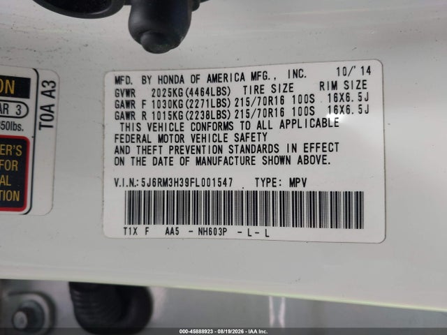 Honda CR-V LX 2015 5J6RM3H39FL001547 Image 9