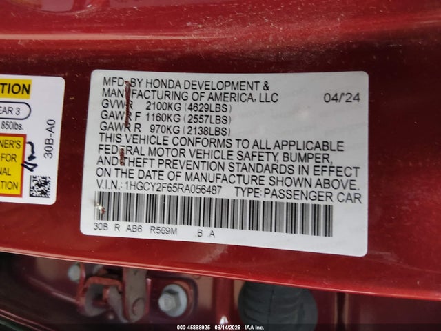 2024 Honda Accord Hybrid Ex-l მანქანა იყიდება აუქციონზე, vin: 1HGCY2F65RA056487, აუქციონის ნომერი: 45888925