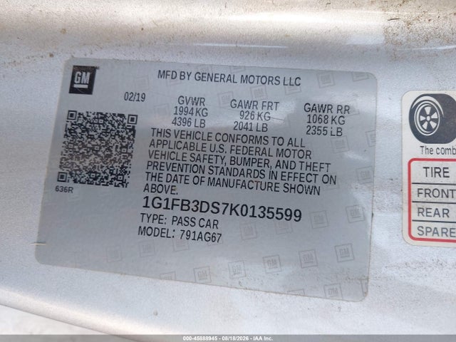 Aukcja sprzedaży 2019 Chevrolet Camaro 1lt, vin: 1G1FB3DS7K0135599, numer aukcji: 45888945