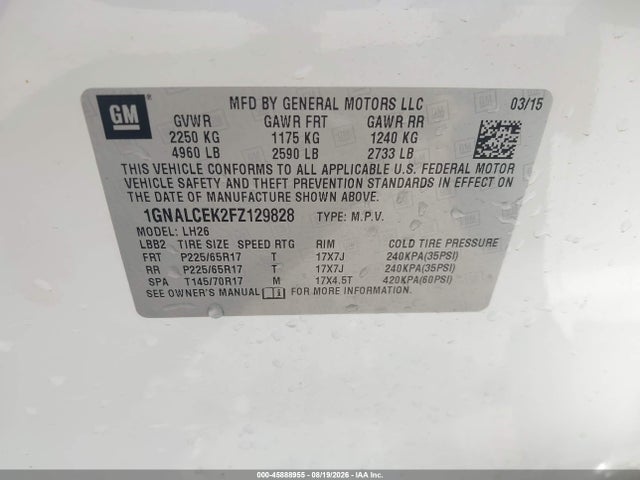 Продаж на аукціоні авто 2015 Chevrolet Equinox Lt, vin: 1GNALCEK2FZ129828, номер лоту: 45888955