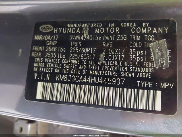 Aukcja sprzedaży 2017 Hyundai Tucson Se, vin: KM8J3CA44HU445937, numer aukcji: 45888957
