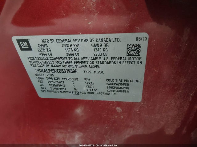 45888978 :رقم المزاد ، 2GNALPEKXD6379396 vin ، 2013 Chevrolet Equinox Lt مزاد بيع