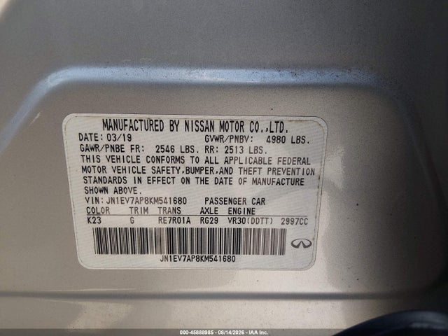 Продаж на аукціоні авто 2019 Infiniti Q50 3.0t Signature Edition, vin: JN1EV7AP8KM541680, номер лоту: 45888985