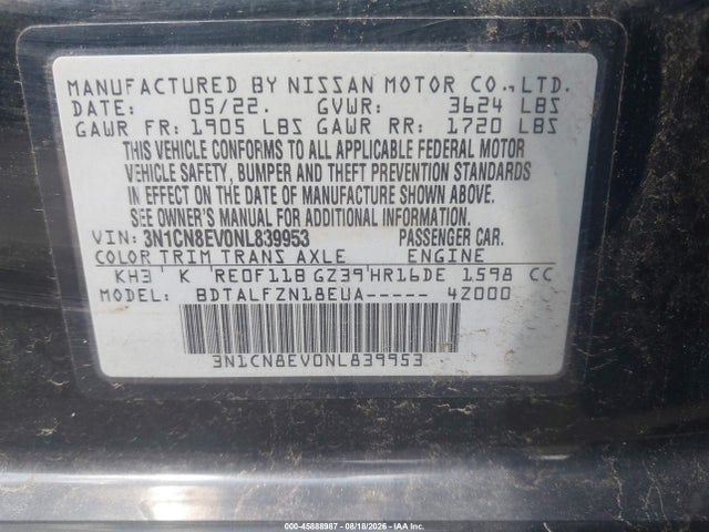Продаж на аукціоні авто 2022 Nissan Versa 1.6 Sv Xtronic Cvt, vin: 3N1CN8EV0NL839953, номер лоту: 45888987