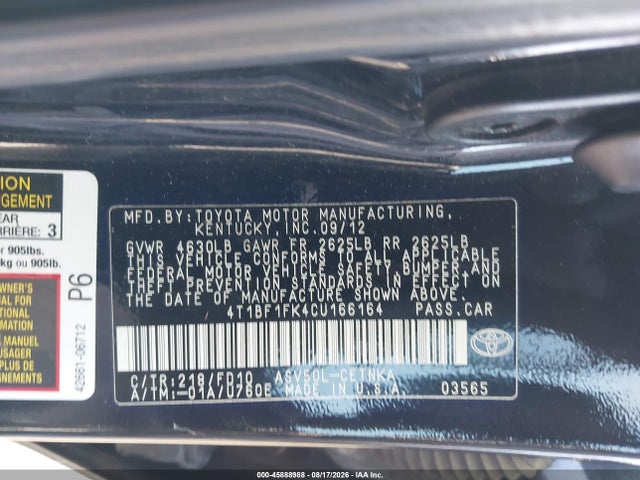 Aukcja sprzedaży 2012 Toyota Camry Le, vin: 4T1BF1FK4CU166164, numer aukcji: 45888988