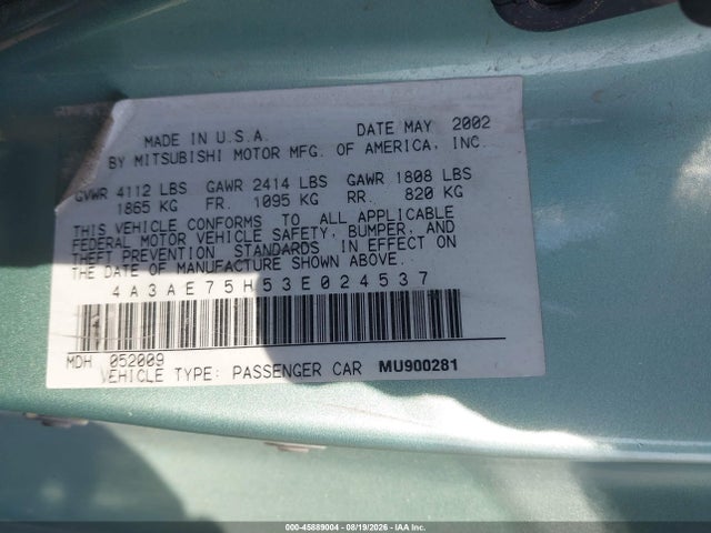 45889004 :رقم المزاد ، 4A3AE75H53E024537 vin ، 2003 Mitsubishi Eclipse Spyder Gts مزاد بيع
