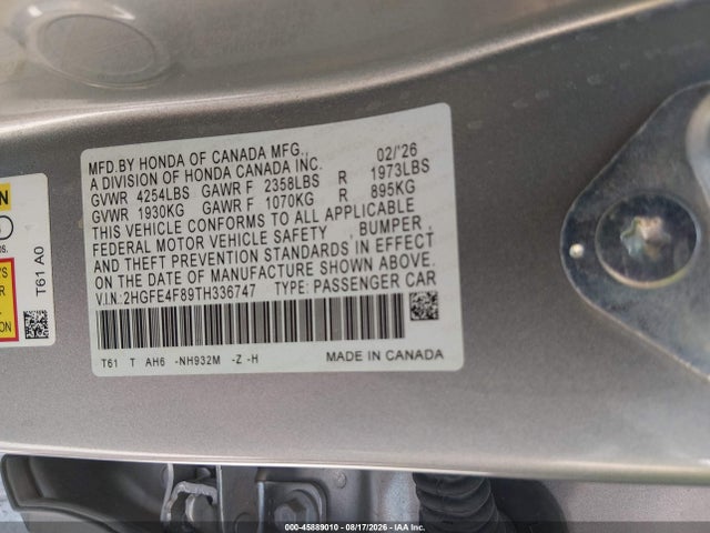 2HGFE4F89TH336747 Honda Civic Hybrid Sport/sport Touring