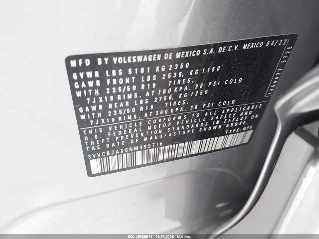 3VVCB7AX6NM099716 Volkswagen Tiguan 2.0t Se R-line Black