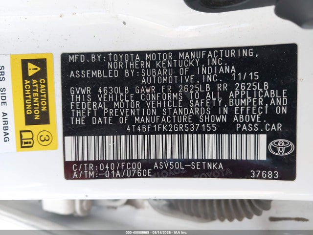 45889069 :رقم المزاد ، 4T4BF1FK2GR537155 vin ، 2016 Toyota Camry Le مزاد بيع