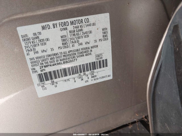 2020 Ford Edge Titanium მანქანა იყიდება აუქციონზე, vin: 2FMPK4K96LBB20377, აუქციონის ნომერი: 45889077