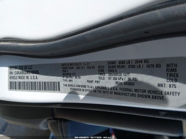 Продаж на аукціоні авто 2021 Jeep Grand Cherokee L Limited 4x4, vin: 1C4RJKBG6M8108995, номер лоту: 45889078