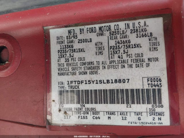 Продажа на аукционе авто 1995 Ford F150, vin: 1FTDF15Y1SLB18807, номер лота: 45889088