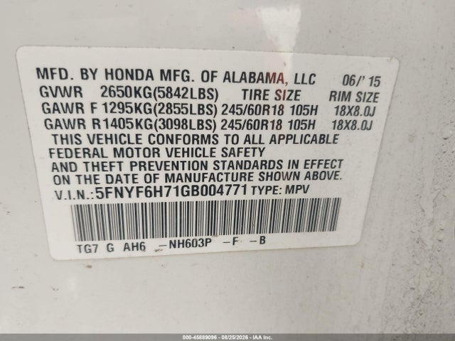 45889096 :رقم المزاد ، 5FNYF6H71GB004771 vin ، 2016 Honda Pilot Ex-l مزاد بيع