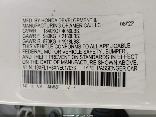 45889099 :رقم المزاد ، 19XFL1H8XNE017033 vin ، 2022 Honda Civic Sport Touring مزاد بيع