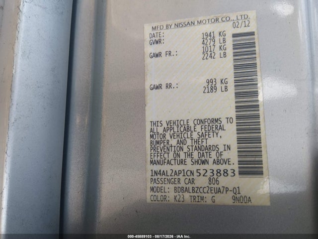 Продаж на аукціоні авто 2012 Nissan Altima 2.5 S, vin: 1N4AL2AP1CN523883, номер лоту: 45889103