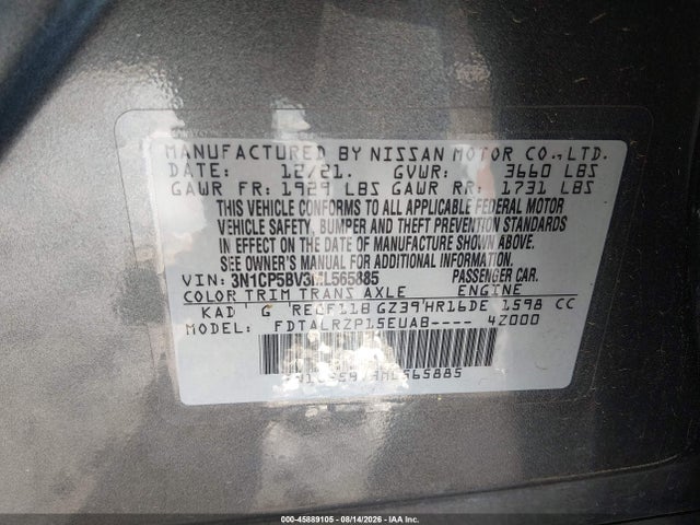 Aukcja sprzedaży 2021 Nissan Kicks S Xtronic Cvt, vin: 3N1CP5BV3ML565885, numer aukcji: 45889105