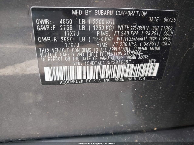 45889108 :رقم المزاد ، 4S4BTADC2S3287638 vin ، 2025 Subaru Outback Premium مزاد بيع