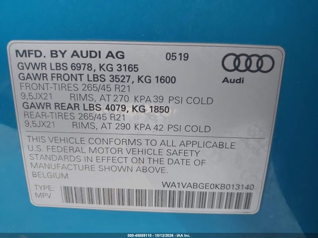 Продаж на аукціоні авто 2019 Audi E-tron Premium Plus, vin: WA1VABGE0KB013140, номер лоту: 45889110
