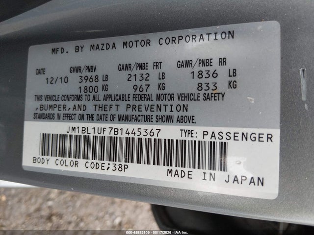 45889109 :رقم المزاد ، JM1BL1UF7B1445367 vin ، 2011 Mazda Mazda3 I Sport مزاد بيع