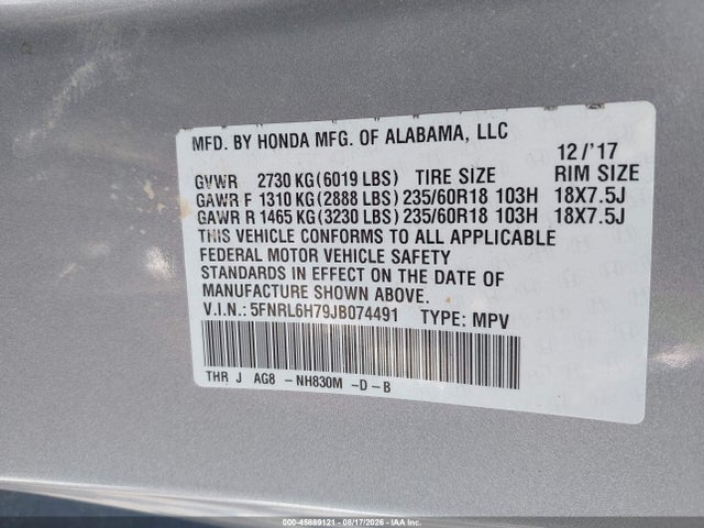 Aukcja sprzedaży 2018 Honda Odyssey Ex-l, vin: 5FNRL6H79JB074491, numer aukcji: 45889121