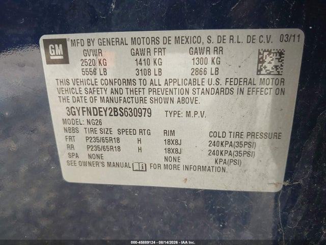 45889124 :رقم المزاد ، 3GYFNDEY2BS630979 vin ، 2011 Cadillac Srx Luxury Collection مزاد بيع