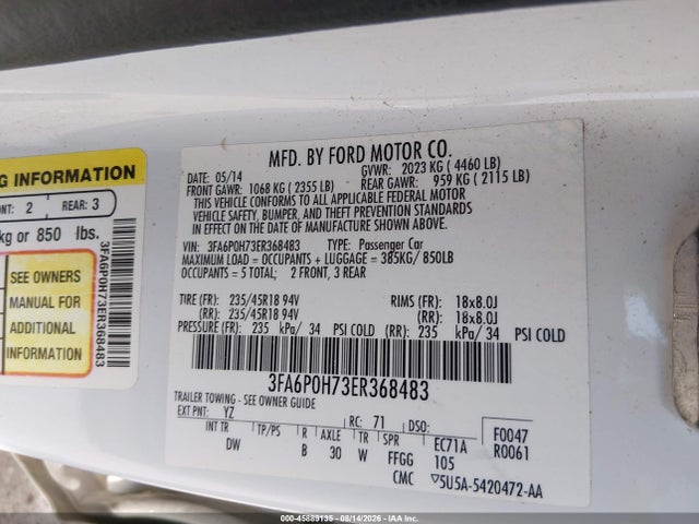 Ford FUSION SE 2014 3FA6P0H73ER368483 Image 9