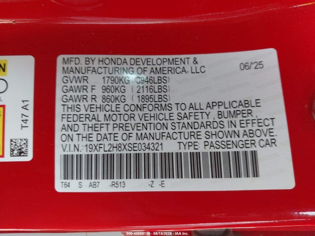 45889136 :رقم المزاد ، 19XFL2H8XSE034321 vin ، 2025 Honda Civic Sedan Sport مزاد بيع