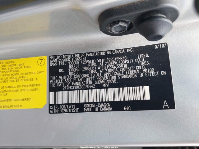 Aukcja sprzedaży 2008 Lexus Rx 350, vin: 2T2HK31UX8C070442, numer aukcji: 45889140