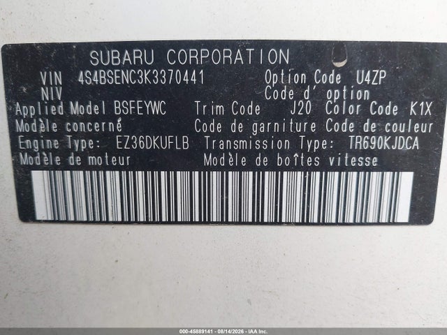 Aukcja sprzedaży 2019 Subaru Outback 3.6r Limited, vin: 4S4BSENC3K3370441, numer aukcji: 45889141