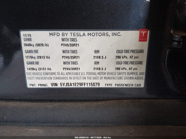 Продажа на аукционе авто 2015 Tesla Model S 70d/85d/p85d, vin: 5YJSA1E29FF115079, номер лота: 45889143