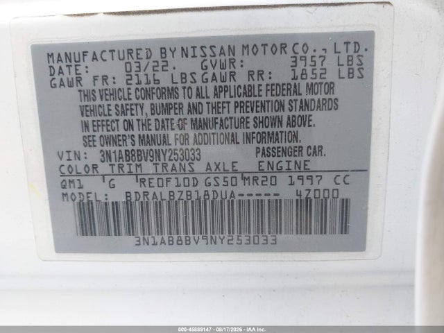 Продаж на аукціоні авто 2022 Nissan Sentra S Xtronic Cvt, vin: 3N1AB8BV9NY253033, номер лоту: 45889147