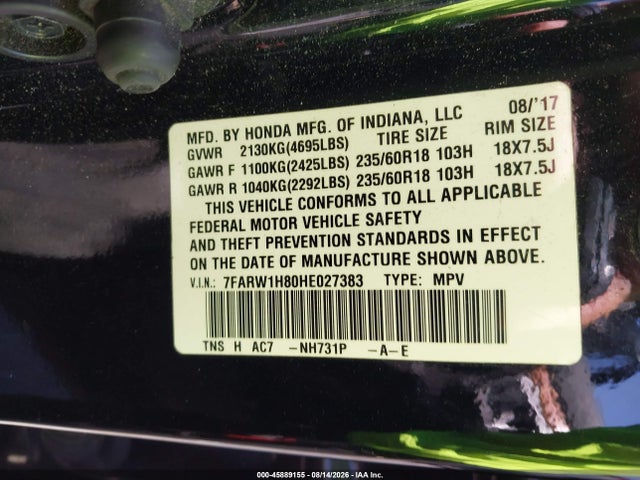 45889155 :رقم المزاد ، 7FARW1H80HE027383 vin ، 2017 Honda Cr-v Ex-l/ex-l Navi مزاد بيع