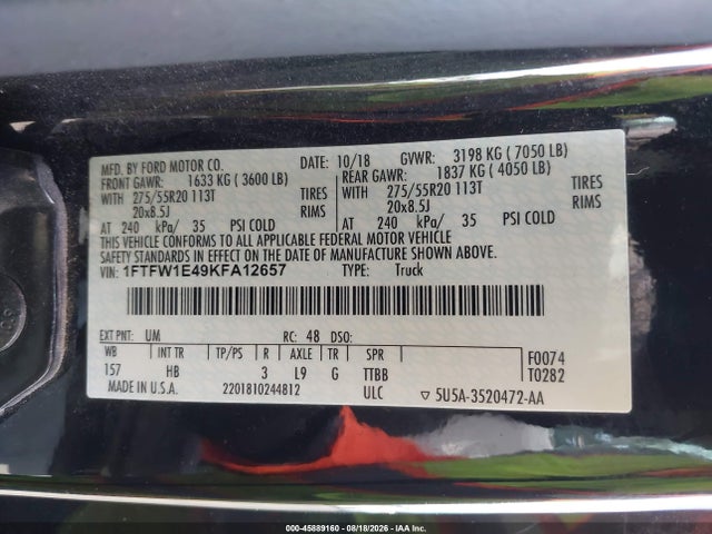1FTFW1E49KFA12657 Ford F-150 Lariat
