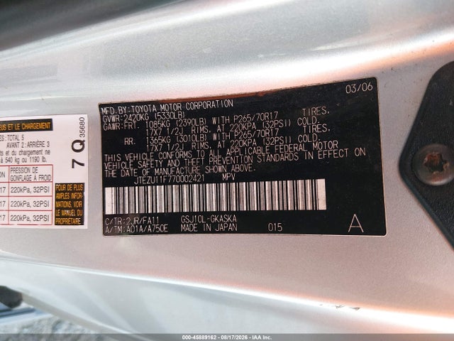 45889162 :رقم المزاد ، JTEZU11F770002421 vin ، 2007 Toyota Fj Cruiser مزاد بيع