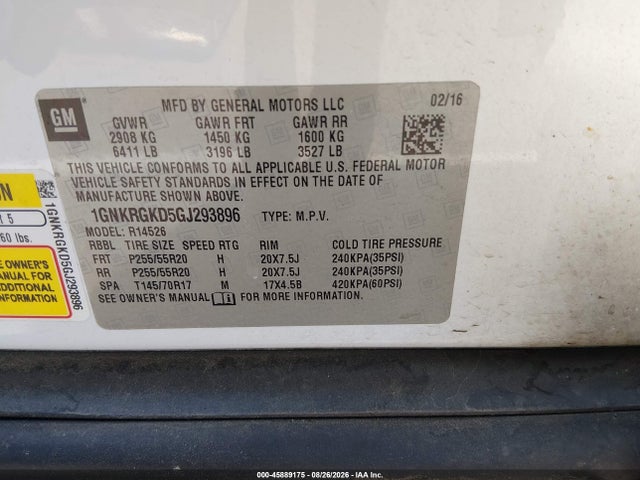 45889175 :رقم المزاد ، 1GNKRGKD5GJ293896 vin ، 2016 Chevrolet Traverse 1lt مزاد بيع