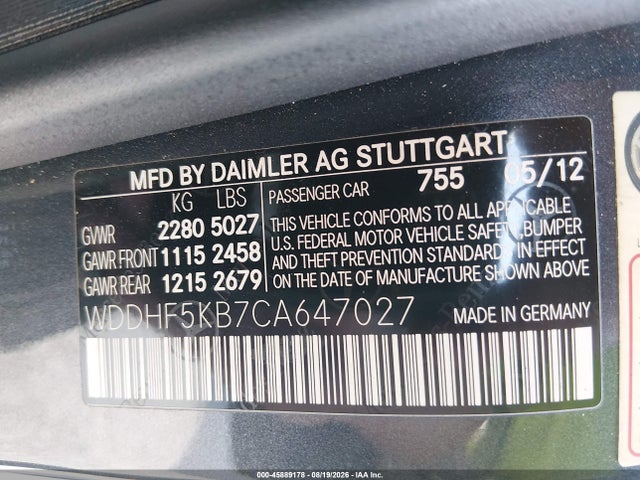 2012 Mercedes-benz E 350 მანქანა იყიდება აუქციონზე, vin: WDDHF5KB7CA647027, აუქციონის ნომერი: 45889178