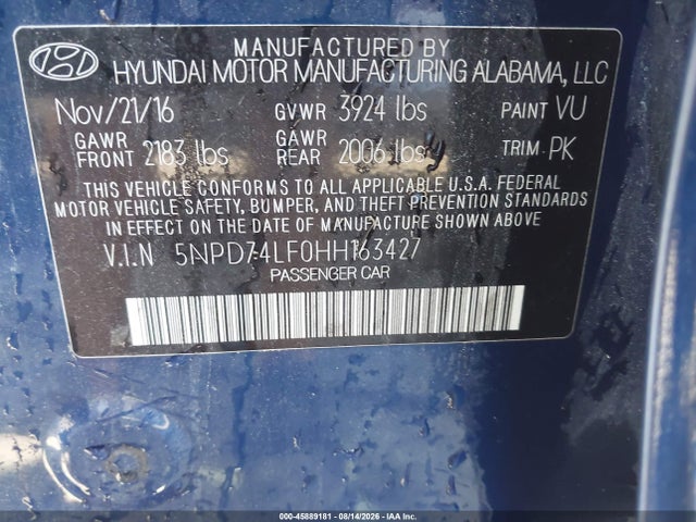 Aukcja sprzedaży 2017 Hyundai Elantra Se, vin: 5NPD74LF0HH163427, numer aukcji: 45889181